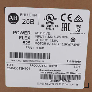 2022 New AB 25B-D013N104 PowerFlex 525 5.5kW 7.5Hp AC Drive Factory Sealed - AB