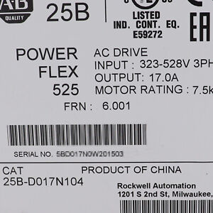 Allen Bradley PowerFlex 525 AC Drive 7.5kW 10HP, 25B-D017N104, 2022/23 Model - ALLEN BRADLEY