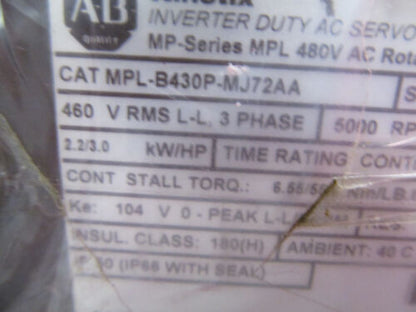 Allen-Bradley MPLB430PMJ72AA Servo Motor - High Precision Servo Motor - Industrial Servo Motor - 200VAC, 60Hz, 1HP, 3000 RPM - ALLEN-BRADLEY