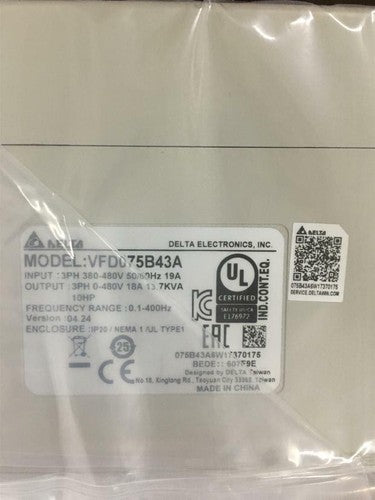 1PC Delta VFD075B43A Open/Closed Loop Vector 3 Phase 460V Input 10HP Motor