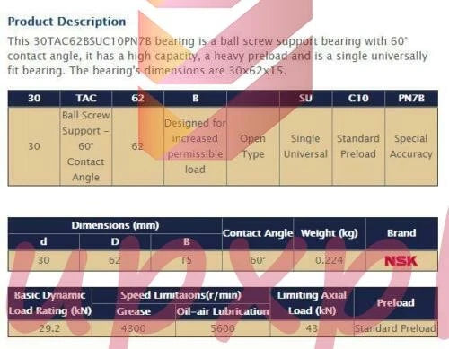1PC NSK Ball Screw Bearing 30TAC62BSUC10PN7B 30×62×15mm Fast delivery