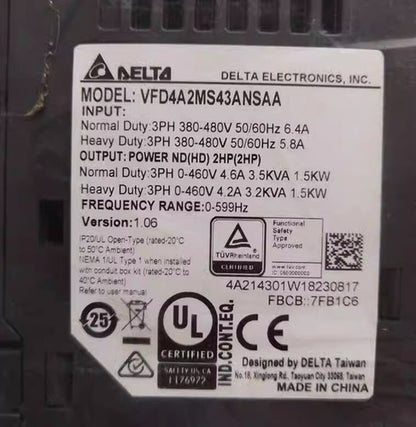 1PC Delta VFD4A2MS43ANSAA Three-Phase 380v 1.5kw Control Inverter