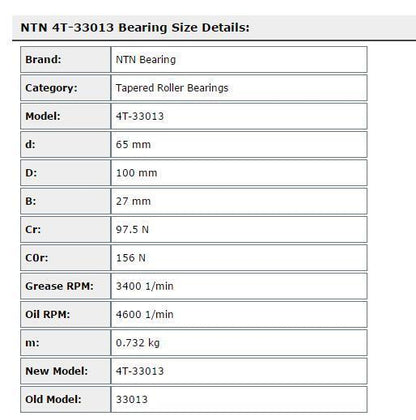 new 1PC NTN 4T-33013 Tapered Roller Bearing 65x100x27mm - NTN