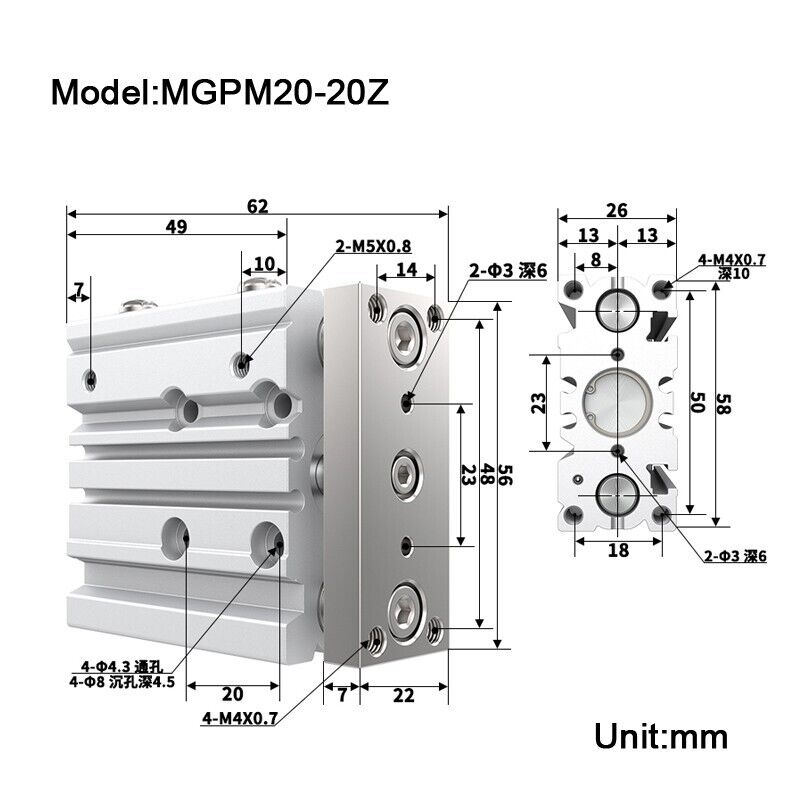 new 1PCS Air Cylinder MGPM12-20Z Compact Type Bore 12mm Stroke 20mm Double Action - MODEL