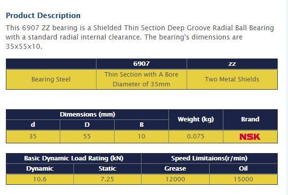 NSK 6907 ZZ Ball Bearing 35x55x10mm - NSK