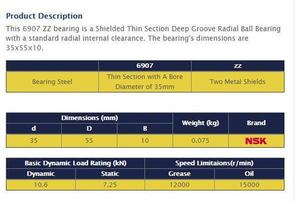 NSK 6907 ZZ Ball Bearing 35x55x10mm - NSK