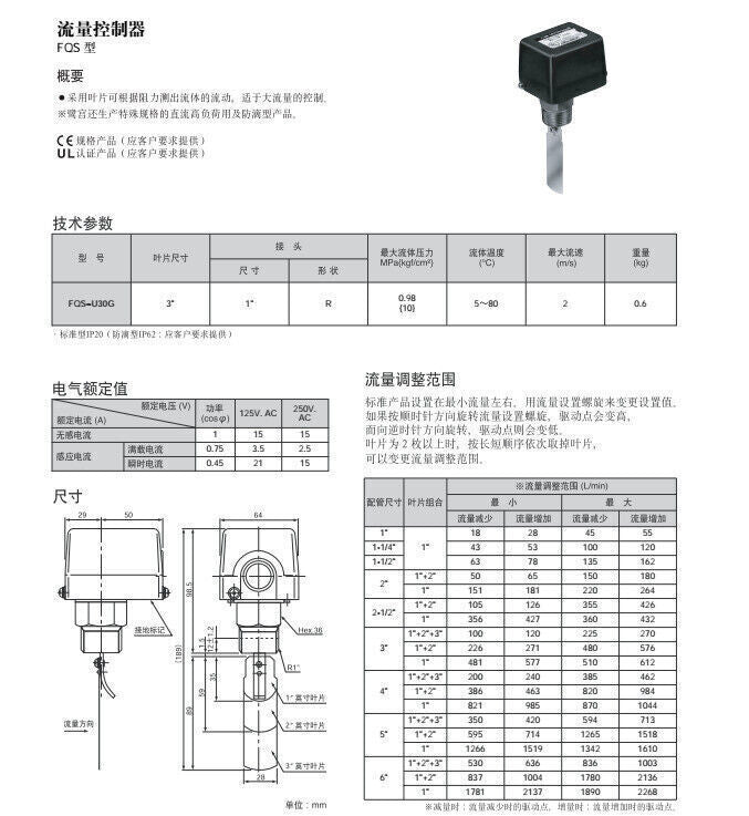1PC Water Flow Switch FQS-U30G SAGINOMIYA - SAGINOMIYA