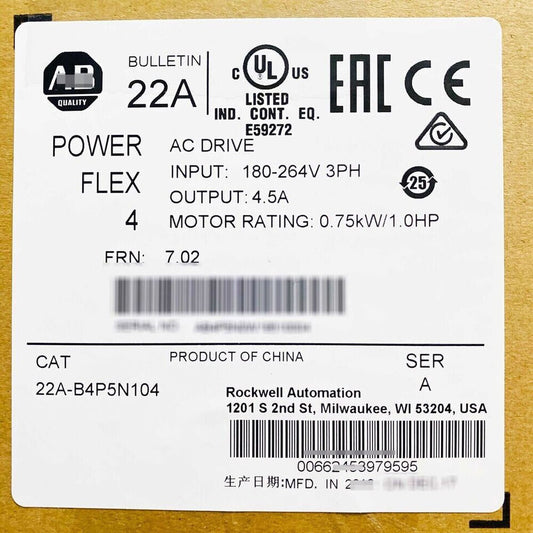 Allen-Bradley 22A-B4P5N104 PowerFlex 4 AC Drive 22A-B4P5N104 - ALLEN-BRADLEY