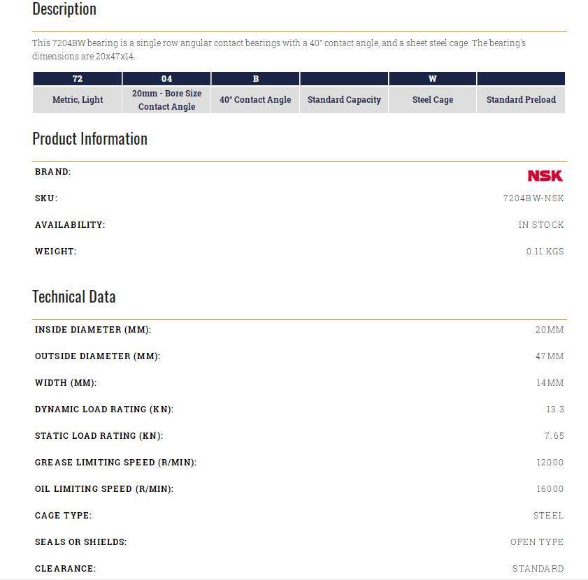 new 1PC NSK 7204 BW Single Row Angular Contact 20x47x14mm - NSK