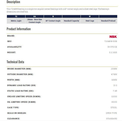 new 1PC NSK 7204 BW Single Row Angular Contact 20x47x14mm - NSK
