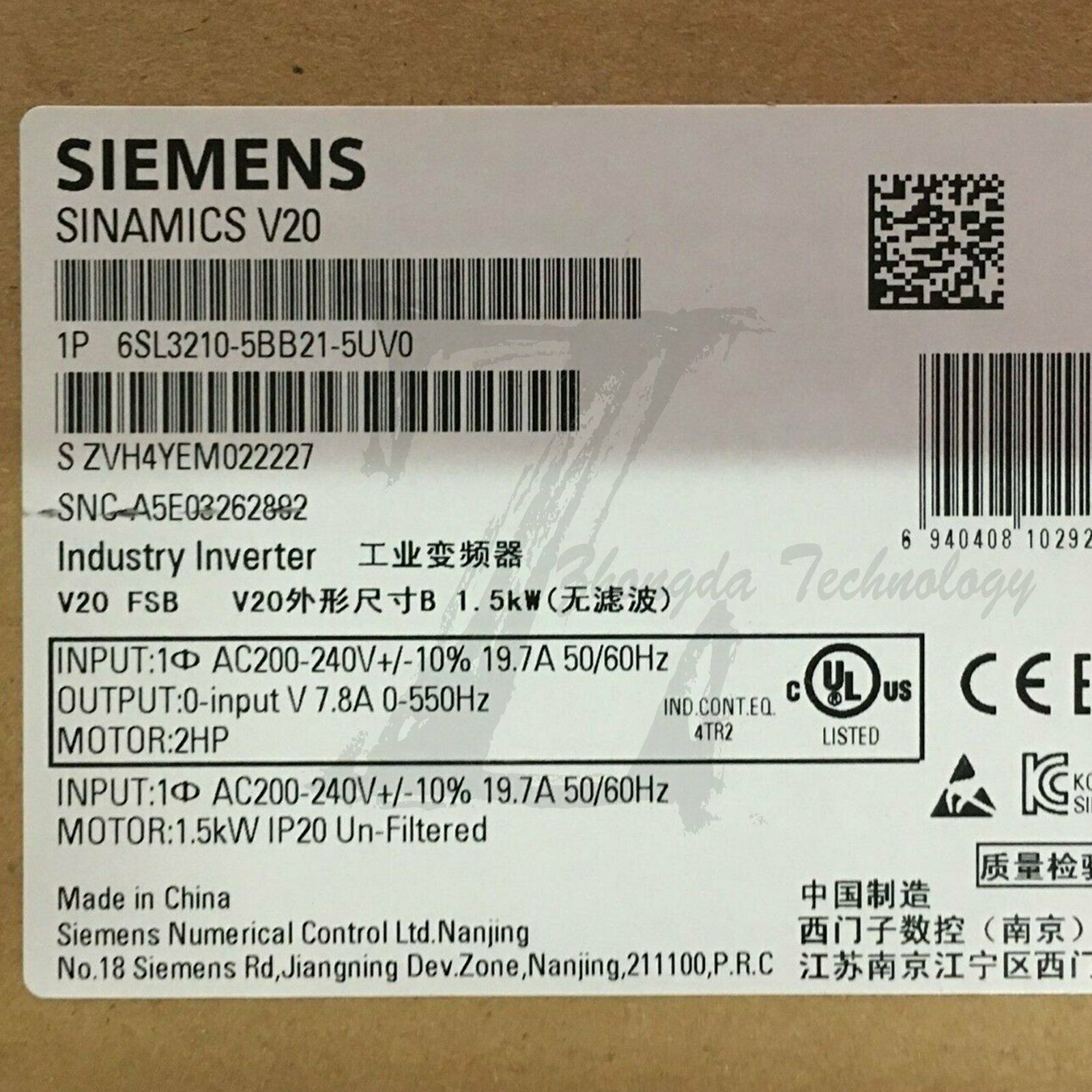 New Siemens inverter 6SL3 210-5BB21-5UV0