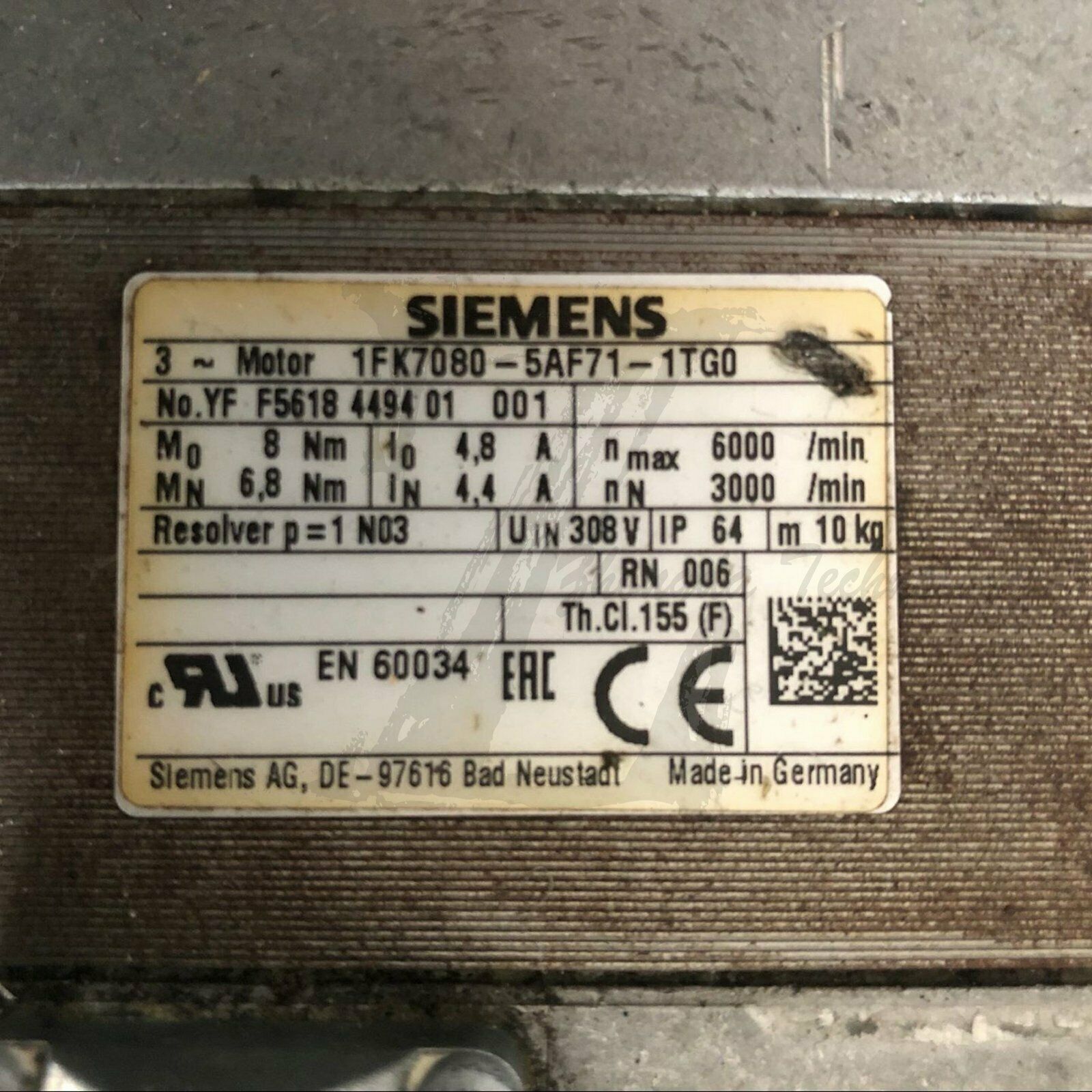 Used Siemens 1FK7080-5AF71-1TG0 Motor 1FK70805AF711TG0