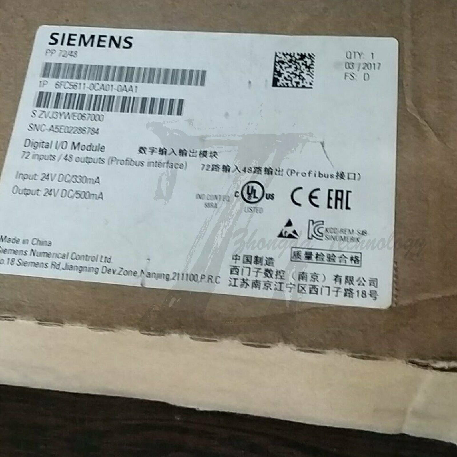 New In Box Siemens 6FC5611-0CA01-0AA1 802D SL input and output module PP72/48 Siemens