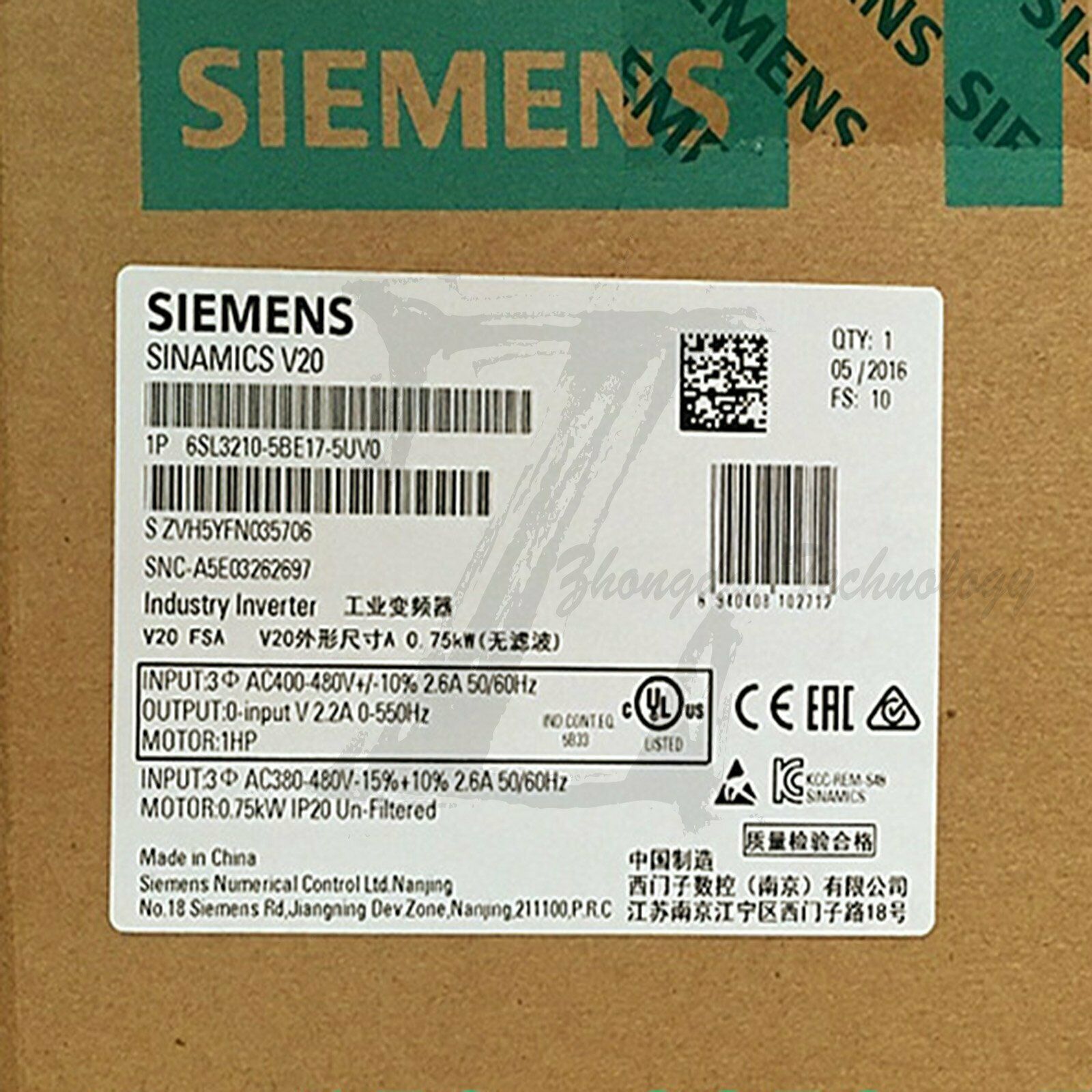 New Siemens Inverter 6SL3210-5BE17-5UV0 0.75KW 380V Siemens