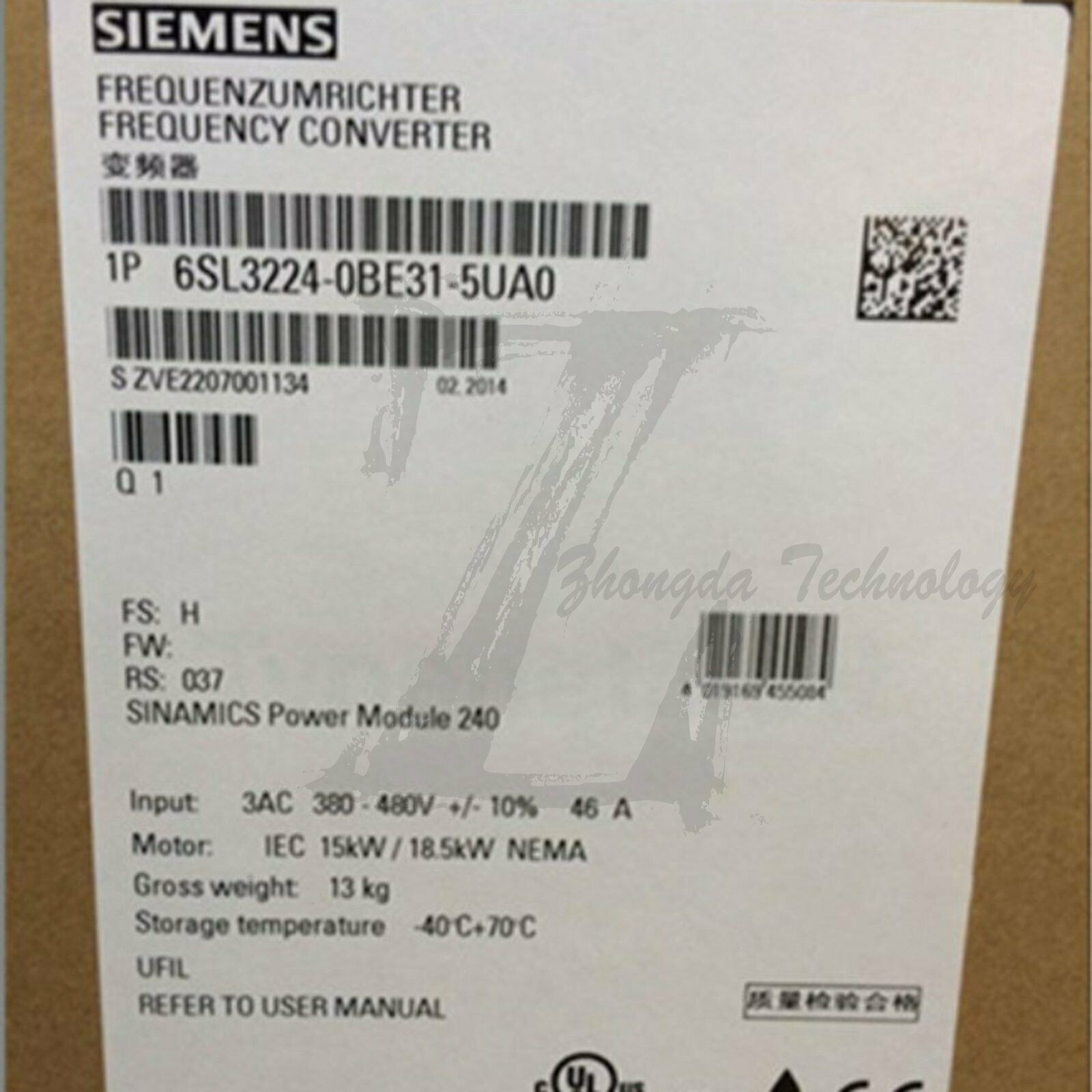 New Siemens Inverter G120 Series 6SL3224-0BE31-5UA0 18.5KW Power Module